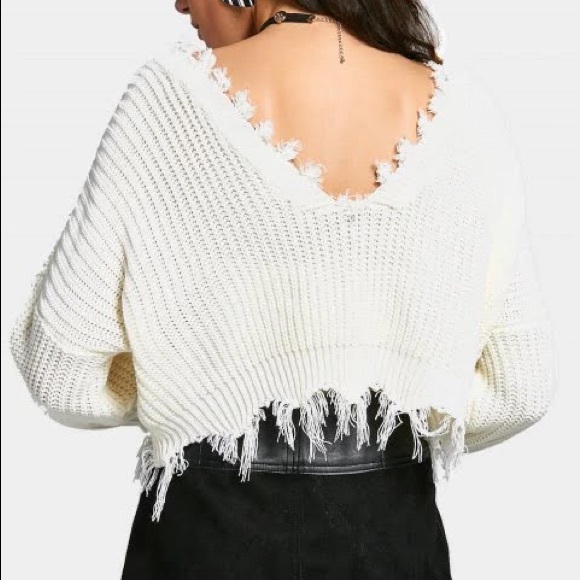 ***SOLD*** White Distressed Cropped Sweater - Picture 3 of 3